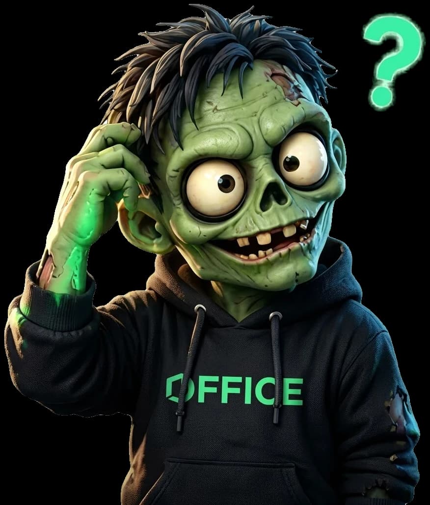 Mascot scratching his head, with a glowing question mark